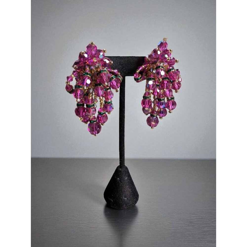 Vintage Lois Ann Clip-on Earrings Art Deco Pink Aurora Borealis Crystal Drop Sta